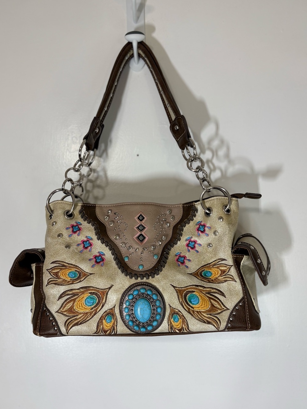 Concealed Carry Western Turquoise Concho Peacock Feather Embroidery Shoulder Bag